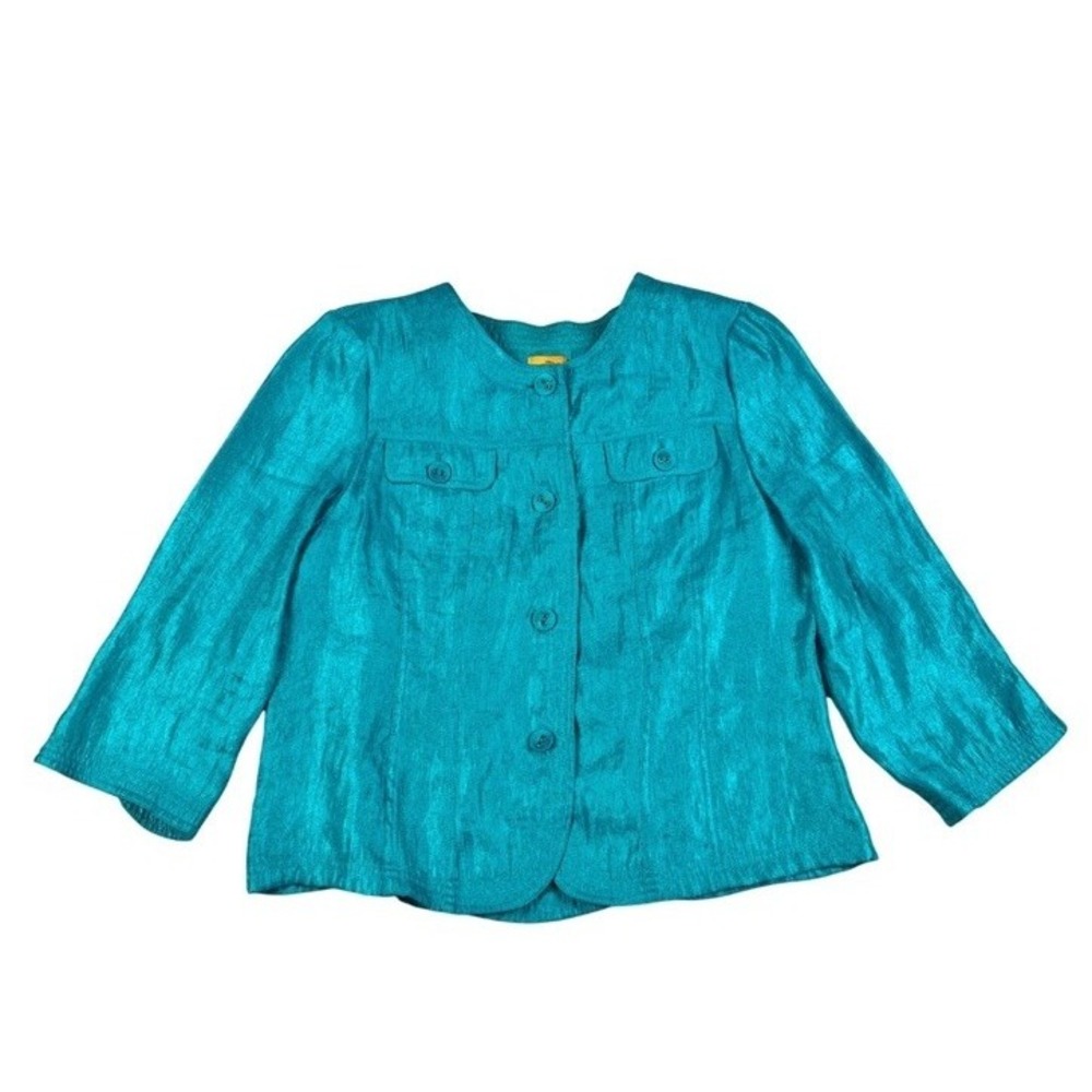 Ruby Rd Teal Blue Shimmer Button Up Jacket Top 3/4 Sleeve Size 14 Textured Chic